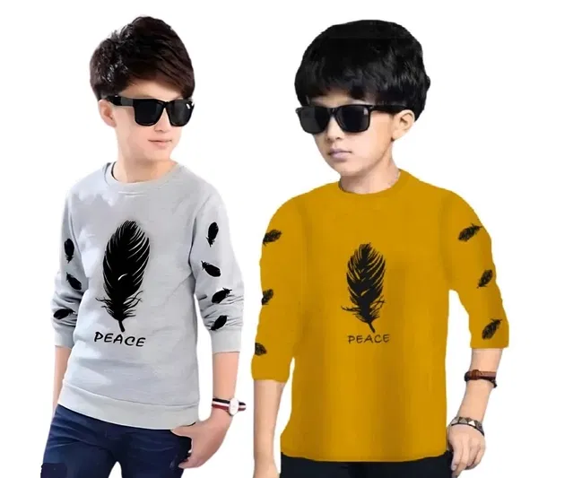 Round Neck Printed T-Shirt for Boys (Mustard & Grey, 10-11 Years) (Pack of 2)