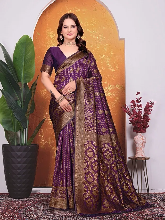 Banarasi Silk Embroidered Saree for Women (Purple, 6.3 m)