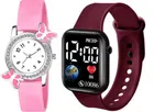 Analog & Smart Watch Combo for Women & Girls (Pink & Wine, Pack of 2)