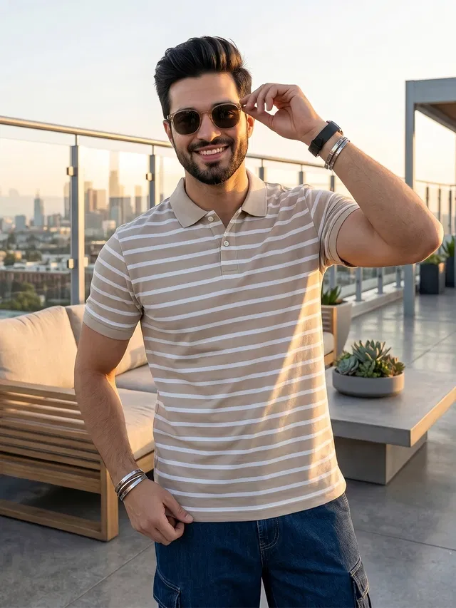 Striped Polo T-shirt for Men (Beige, XL)