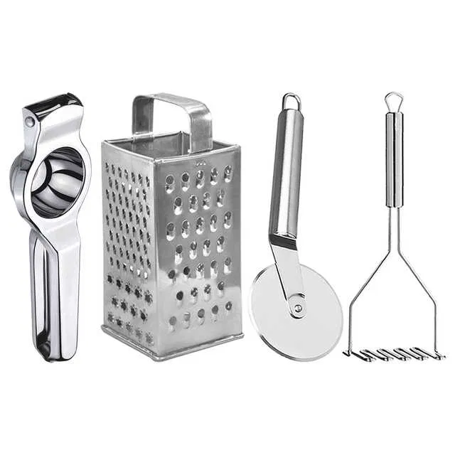 Oc9 Stainless Steel Lemon Squeezer & 4 in 1 Grater Or Slicer & Pizza Cutter & Potato Masher Kitchen Tool Set (O-145)