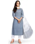 Cotton Cambric Embroidered Kurta Set with Dupatta 