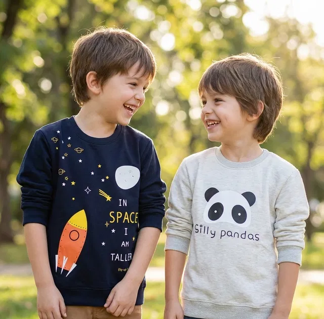 Round Neck Printed Wool Sweat Shirt For Boys, Multicolour (9-10 Years) ,Pack Of 2