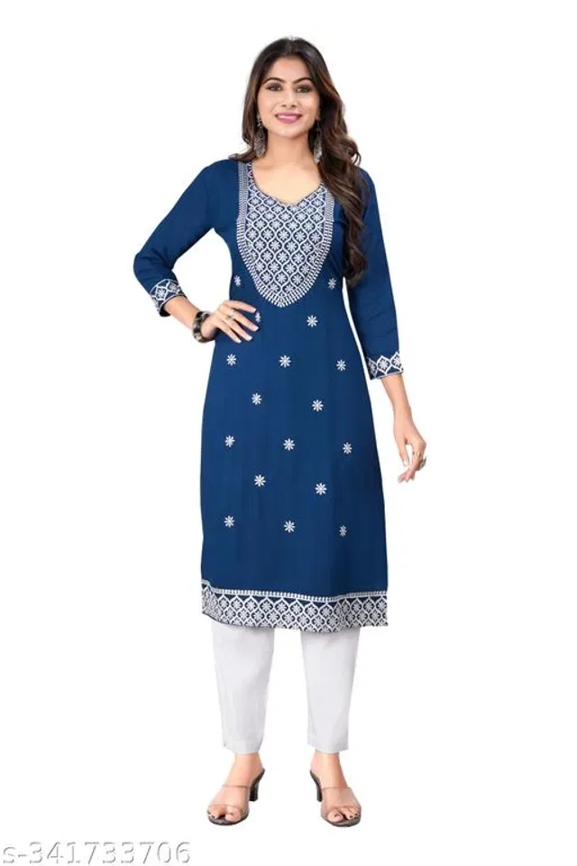Rayon Slub Embroidered Kurta with Pant for Women (Royal Blue, M)