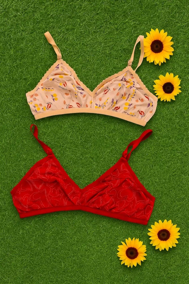 Hosiery Printed Non-Padded Bras for Women, Pack  of 2 (34 B, Multicolor)