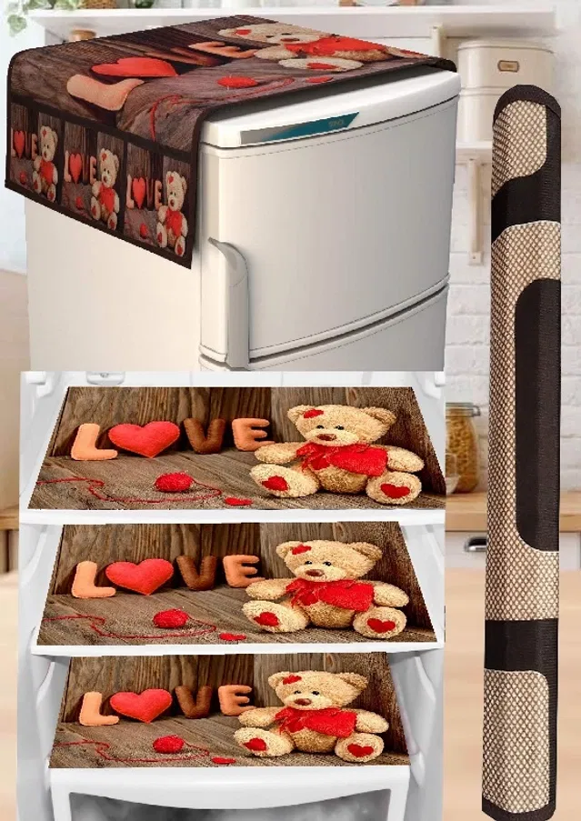 PVC Printed Fridge Top Cover with 3 Pcs Shelf Mats & Handle Cover (Multicolor, Set of 1)