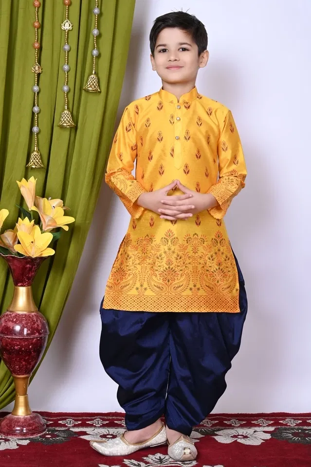 Dupion Silk Printed Kurta with Dhoti for Boys, Yellow & Navy Blue (6-12 Months)