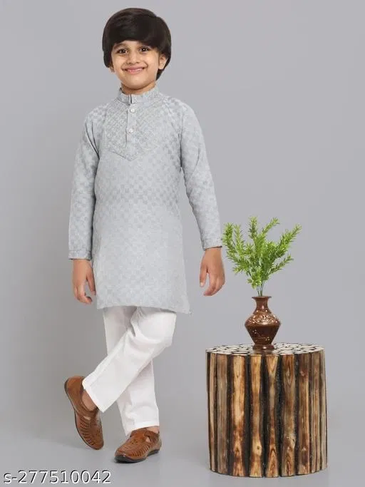 Cotton Blend Kurta with Pyjama for Boys (Grey & White, 9-12 Months)