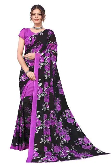 Women Georgette Printed Saree With Unstitched Blouse (Purple) (SD-18)