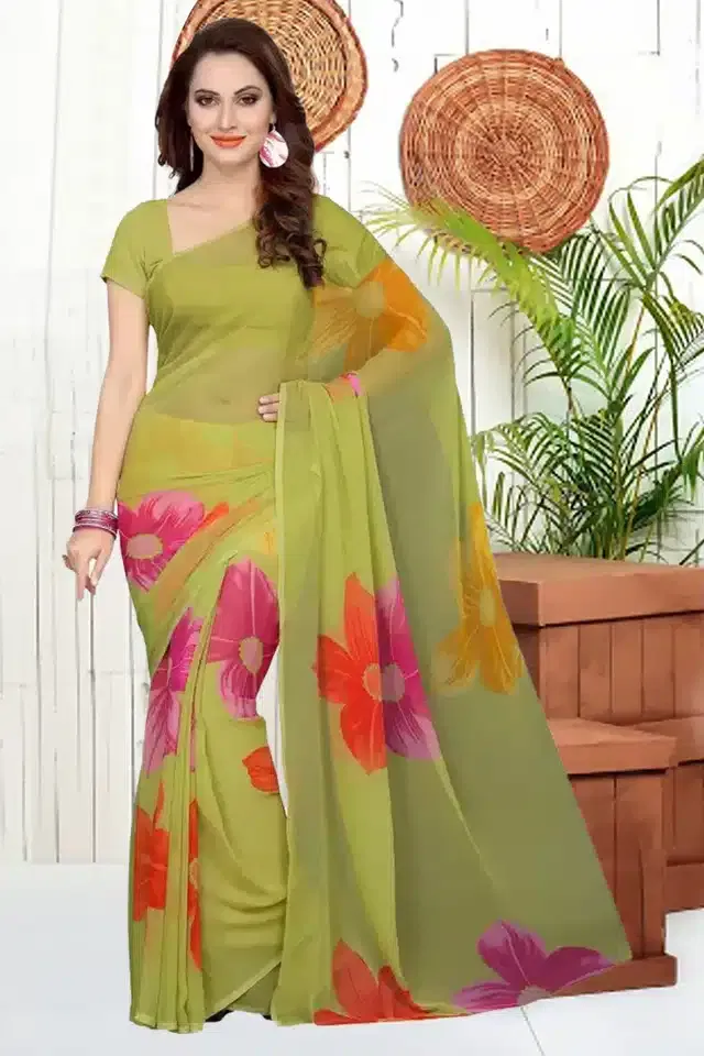 Georgette Saree with Unstitched Blouse Piece for Women (Green, 6 m)