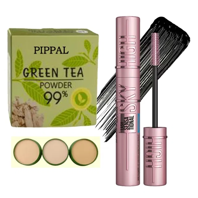 Pippal Green Tea Powder Compact (20 g) with Sky High Mascara (12 ml) (Set of 2)