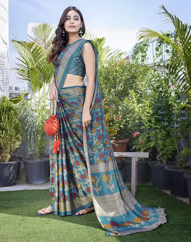 Chiffon Printed Saree for Women (Teal, 6 m)