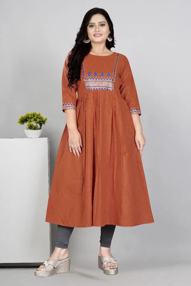 Zari Embroidered Cotton Blend Anarkali Kurti for Women (Orange, XL)
