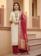 Cotton Silk Embellished Unstitched Suits Fabric for Women, Beige & Red