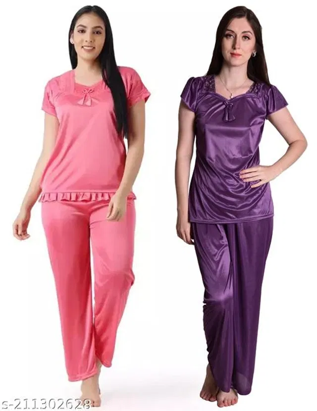 Satin Nightsuit Set for Women (Purple & Pink, M) (Set of 2)