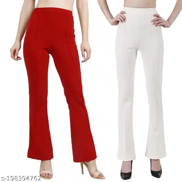 Cotton Blend Trouser for Women (White & Maroon, 28) (Pack of 2)