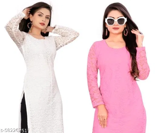 Net Kurti for Women, Pink & White, Pack of 2 (S)