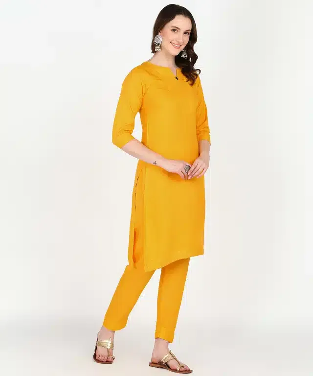 Viscose Rayon Embroidered A-Line Kurti with Pant (Yellow, S)