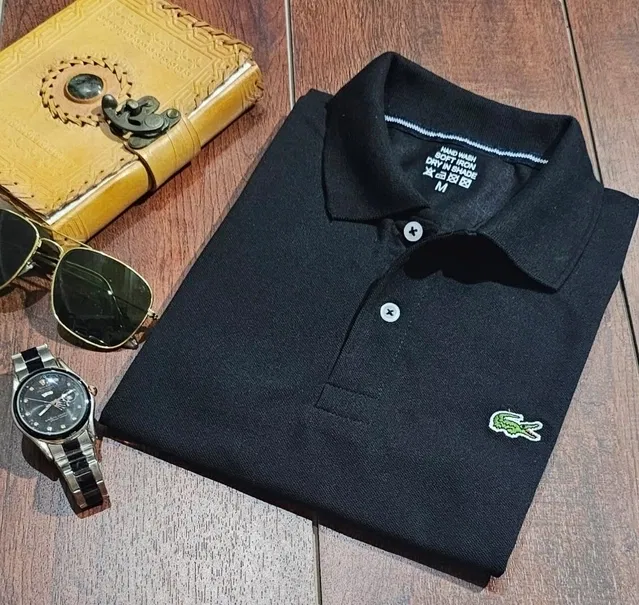 Polo Neck Solid T-Shirt for Men (Black, XXL)