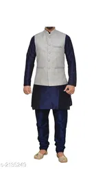 Banarasi Dupion Silk Solid Kurta with Pyjama & Jacket for Men 