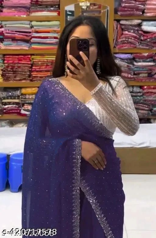 Georgette Embellished Saree for Women (Blue, 6.3 m)