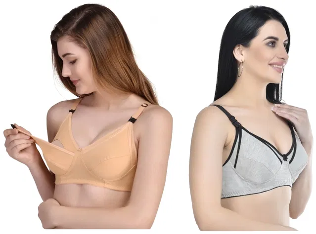 Cotton Blend Solid Non Padded Feeding Bras for Women (Multicolor, 34) (Pack of 2)
