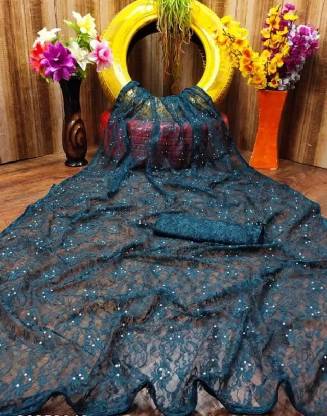 Net Solid Saree for Women (Teal, 6.3 m)