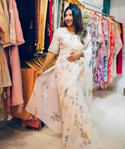 Cotton Linen Printed Saree for Women (White, 6.3 m)