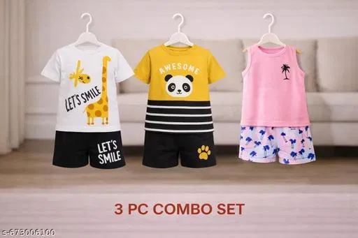 Hosiery Cotton Printed Clothing Set for Kids, Multicolor, Pack of 3 (0-2 Months)