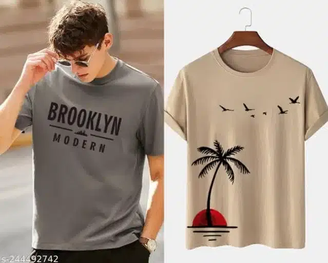 Half Sleeves T-Shirt for Men (Grey & Beige, L) (Pack of 2)