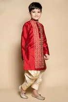 Dupion Silk Embroidery Kurta with Dhoti for Boys, Maroon & White 