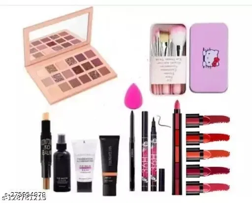 BEST QUALITY COMBO WITH. NUDE EYE SHADOW PALLETE HELLOKITTY BRUSHESCONTOUR STICK FIXER SPRAY PRIMER Foundation Black ADS Kajal. BLACK 36H eyeliner 5 in 1 lipstick red Addition