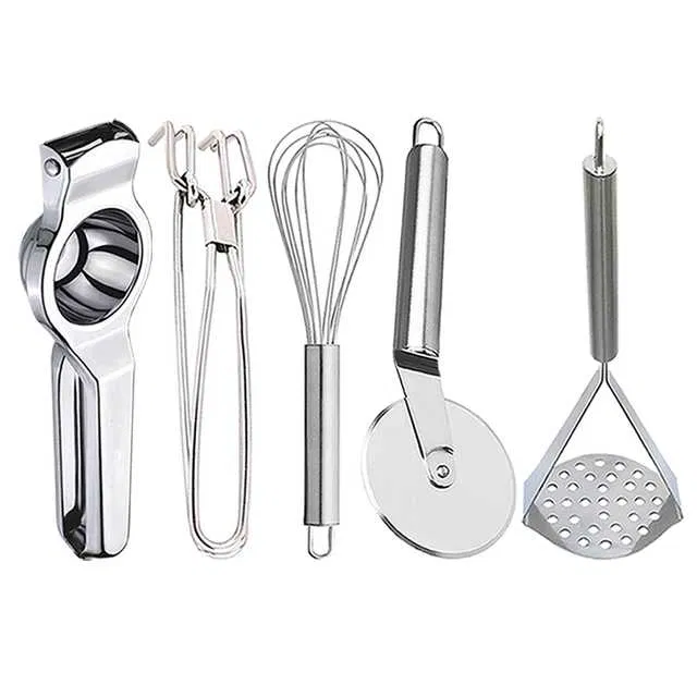 Stainless Steel Lemon Squeezer & Pakkad & Egg Whisk & Pizza Cutter & Potato Masher For Kitchen (Set of 5) (OC-077)