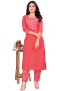 Cotton Blend Solid Kurta with Bottomwear for Women (Red, S)