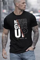 Never Give Up Print Polyester T-Shirt for Men ,Black 