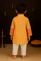 Cotton Printed Kurta with Payjama for Boys, Yellow & White 