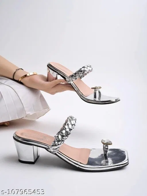 Shoetopia Block Heel Heels - Silver, IND-8