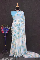 Georgette Printed Saree for Women, Sky Blue 