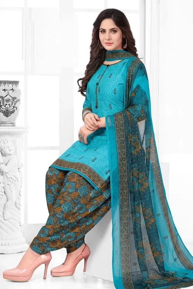 Punjabi Floral Suit for Women (Blue, Blue)