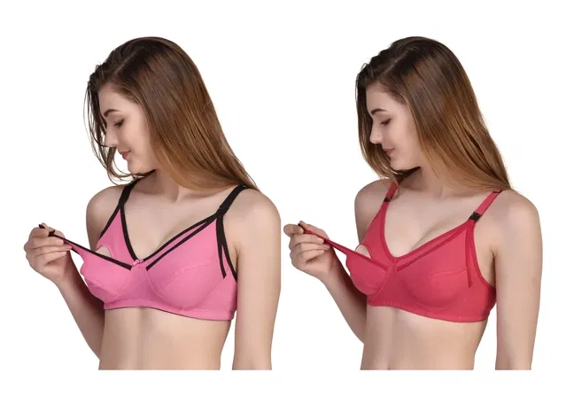 Cotton Blend Solid Non Padded Feeding Bras for Women (Multicolor, 38) (Pack of 2)
