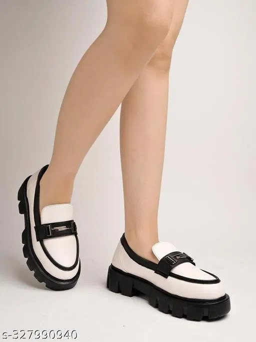 Shoetopia Colorblocked Loafers for Women (White, IND-7)