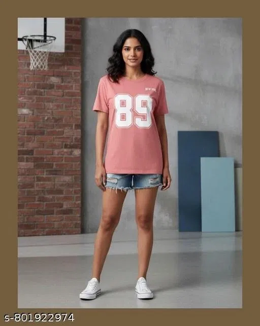 Cotton Blend Printed T-shirt for Women, Pink (XL)