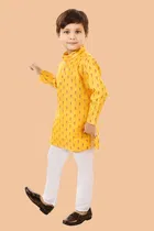 Cotton Blend Printed Kurta with Payjama for Boys, Yellow & White 
