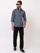 Cotton Blend Checkered Shirt for Men, Navy Blue 
