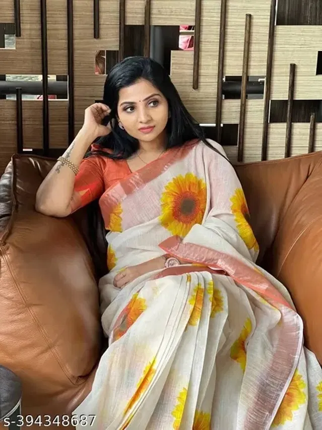 Cotton Linen Printed Saree for Women (Multicolor, 6.3 m)