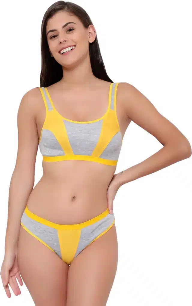 Cotton Blend Lingerie Set for Women (Yellow, 32)