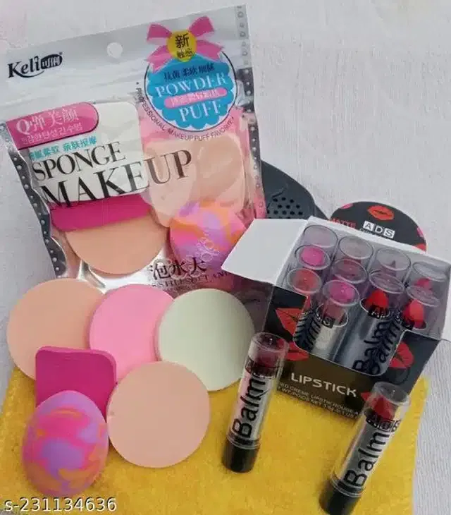 Combo of ADS Lip Balm cum Lipsticks (12 Pcs) with 6 Pcs Makeup Blenders (Multicolor, Set of 2)