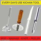 Stainless Steel Masher with Peeler, Hand Whisk Blender & Kitchen Knife (Brown & Silver, Set of 4)