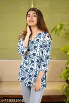 Cotton Printed Short Kurti for Women, White 