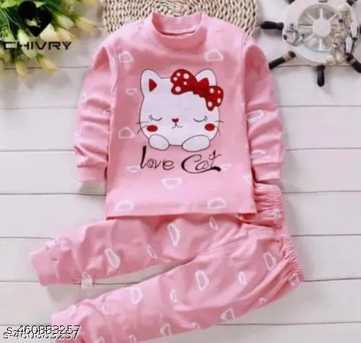Hosiery Cotton Printed Clothing Set for Kids, Pink (7-8 Years)